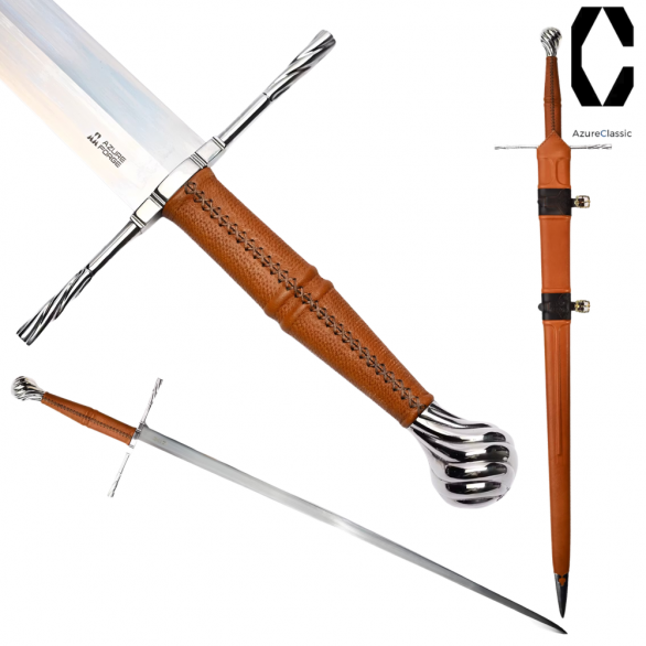 AzureForge� C02 46 Inch XVllla German Medieval Double-Handed Long Sword Spring Steel - Handcrafted Leather 