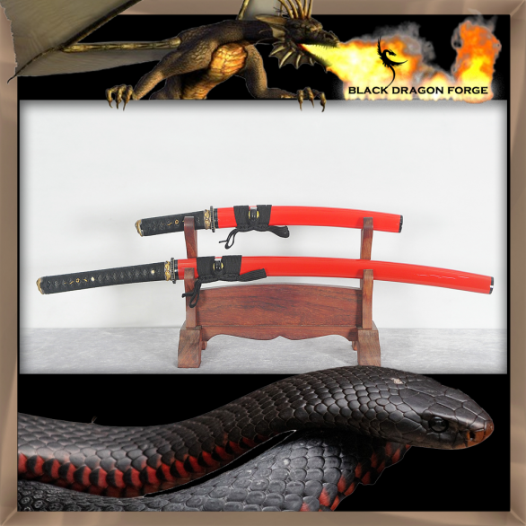 SBG Black Dragon Forge Red Belly Black Snakes - Ko Katana and Tanto Set