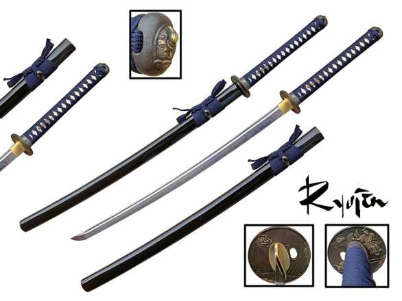 Ryujin 1095 Differentially Hardened 'Sengetsu' Katana - Blue Cotton Itomaki