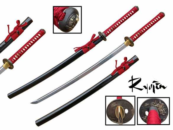 Ryujin 1095 Differentially Hardened 'Sengetsu' Katana - Red Cotton Itomaki