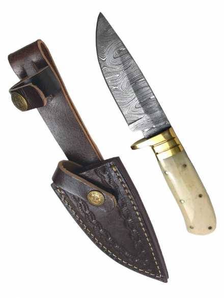 Damascus Blade Hunting Knife - Bone Handle