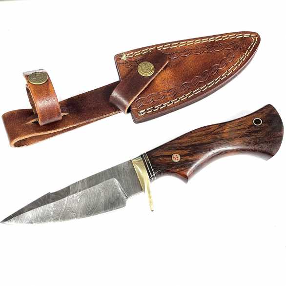 Damascus Blade Hunting Knife - Wooden Handle
