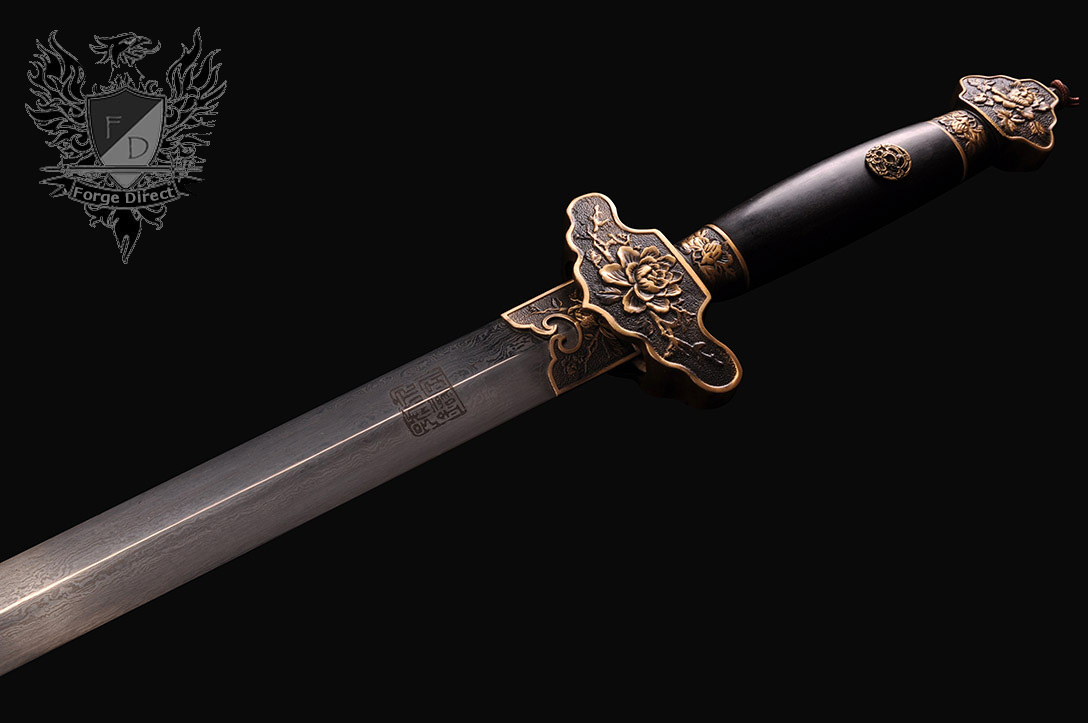  Chinese Sword,Peony Jian Sword(Forged Damascus Steel Turn  Blade,Brass Fittings) Full Tang : Sports & Outdoors